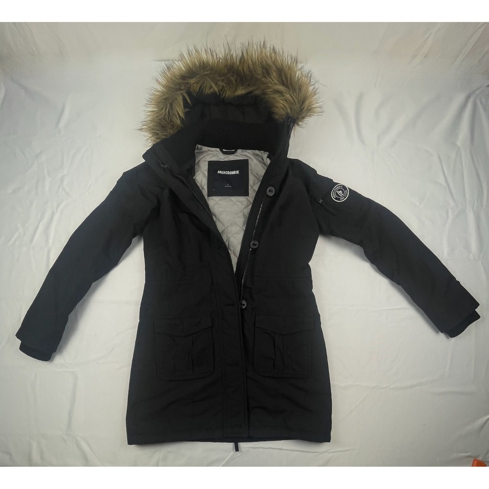 Abercrombie & Fitch Black Faux Fur Trim Hooded Winter Parka Jacket Small